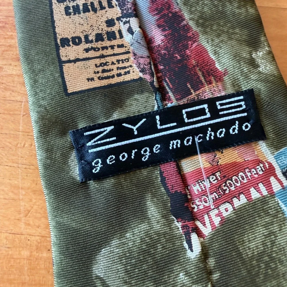 Zylos George Machado Silk Tie Vintage Golf Tennis Sports Graphic Olive Green